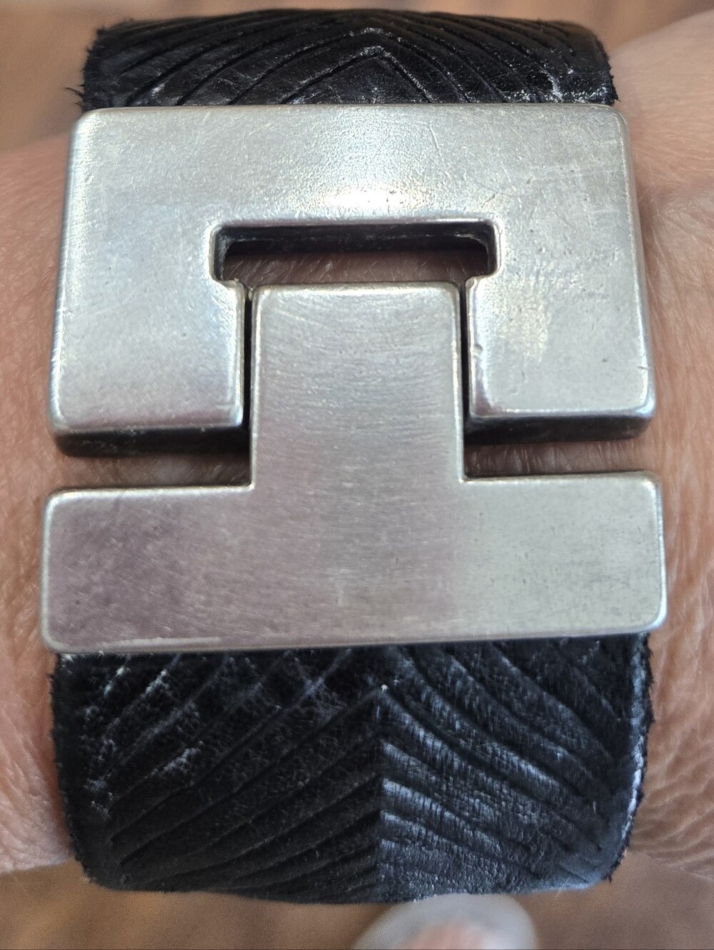 Black Leather Bracelet with Silver-Tone Buckle
